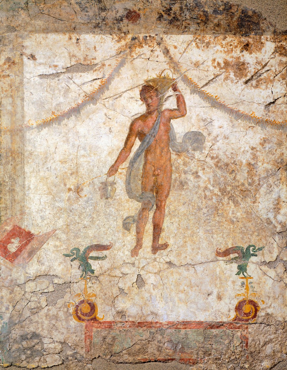 Malarstwo w IV stylu pompejańskim, przedstawiające geniusza z koszem i situlą autorstwa Roman Roman