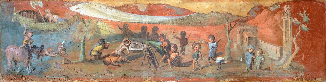 Malowidło na tynku przedstawiające scenę nad Nilem z pigmejami, 56x217 cm, z Pompejów (Lista Światowego Dziedzictwa UNESCO) autorstwa Roman Roman