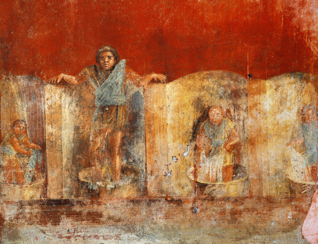 Fresk na filarze przedstawiający produkcję wełny, z Pompejów, Fullonica Veranio Ipseo autorstwa Roman Roman
