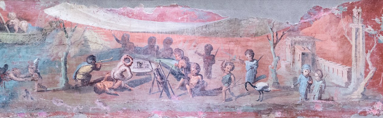 Malowidło na łóżku Triclinar ze scenami pigmejskimi, 50-79 r. n.e., detal (świeży) autorstwa Roman Roman