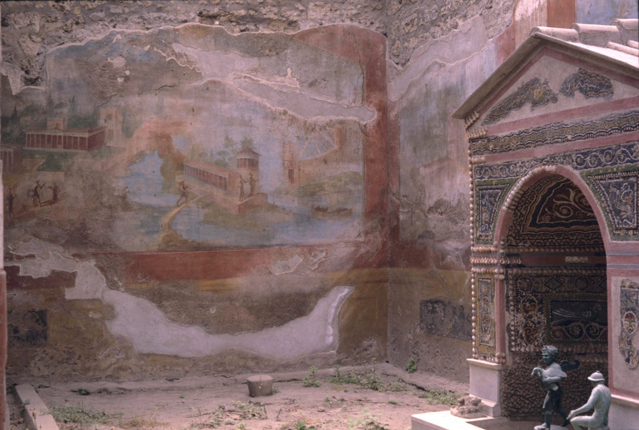 Pompeje, Casa de Diana i fontanna amfitrytowa oraz malowidło ścienne, Włochy (zdjęcie ilustracyjne) autorstwa Roman Roman