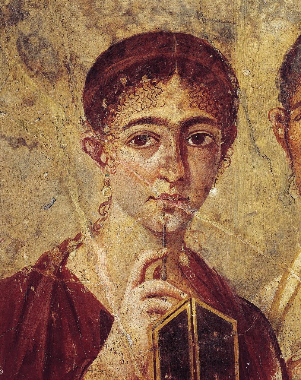 Muotokuva leipuri Terentius Neosta ja hänen vaimostaan juhlavaatteissa, yksityiskohta vaimosta kynällä ja diptyykillä auki Italiasta, Campaniasta, Pompejista, 55-79 jKr., maalaus kipsilakalle autorstwa Roman Roman