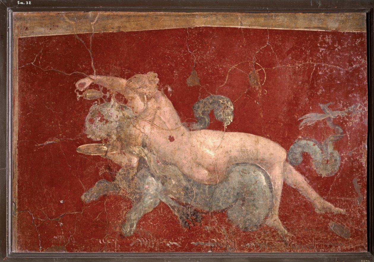 SZTUKA ROMAŃSKA: Nereida na morskiej panterze, której podaje napój w niskim pucharze (fresk) autorstwa Roman Roman
