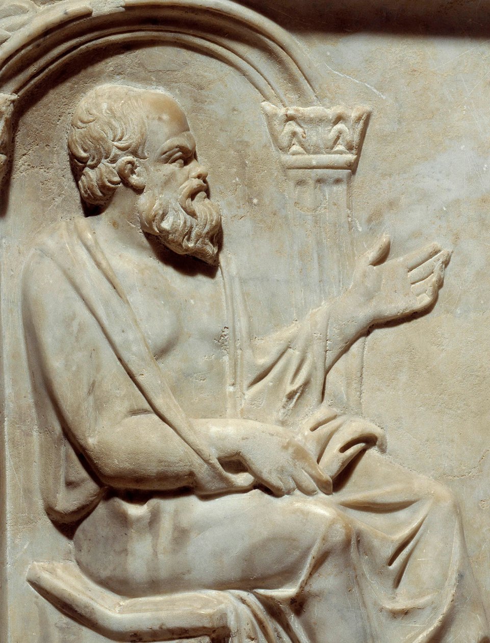 Starożytności rzymskie, Sarkofag Muz: Sokrates (469-399 pne) Grecki filozof ze swoją muzą. Detal Paryskie Muzeum Luwru. autorstwa Roman Roman