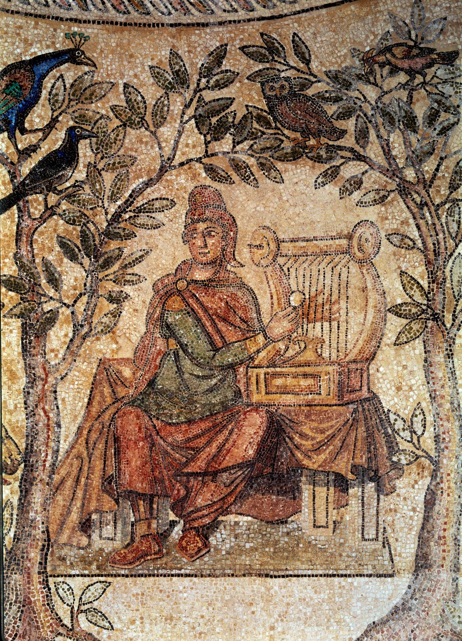 Sztuka rzymska: Orphee urocze ptaki. Mozaika z Blanzy-les-Fisms. Lyon, Muzeum Sztuk Pięknych autorstwa Roman Roman