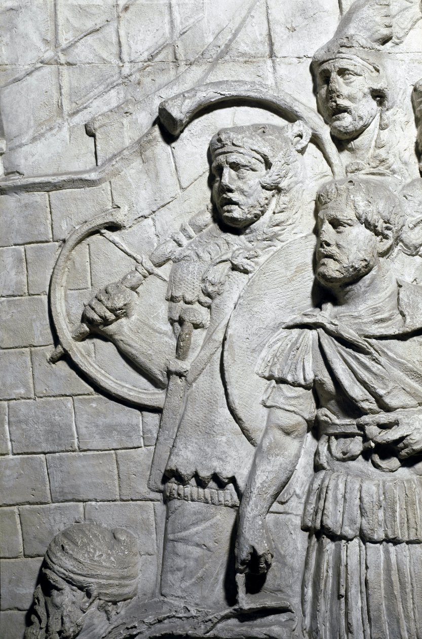 Sztuka rzymska: „”Wojownicy rzymscy podczas pierwszej wojny w Dacji”” Forma z 1862 roku odtwarzająca płaskorzeźby kolumny Trajana (kolumna Trajane) (Colonna Traiana) w Rzymie zbudowanej za panowania cesarza Trajana (53-117) . Kolumna Trajane upamiętnia autorstwa Roman Roman