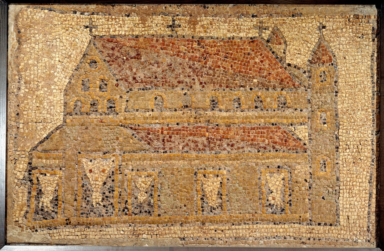Sztuka rzymska: mozaika bazyliki przedstawiona w perspektywie, II połowa V w., Bliski Wschód - Paryż, Musee du Louvre - Sztuka rzymska: mozaika Qabr Hirama koło Tyru w Fenicji, z wczesnobizantyjskiego (paleochrześcijańskiego) kościoła poświęconego św. Chri autorstwa Roman Roman