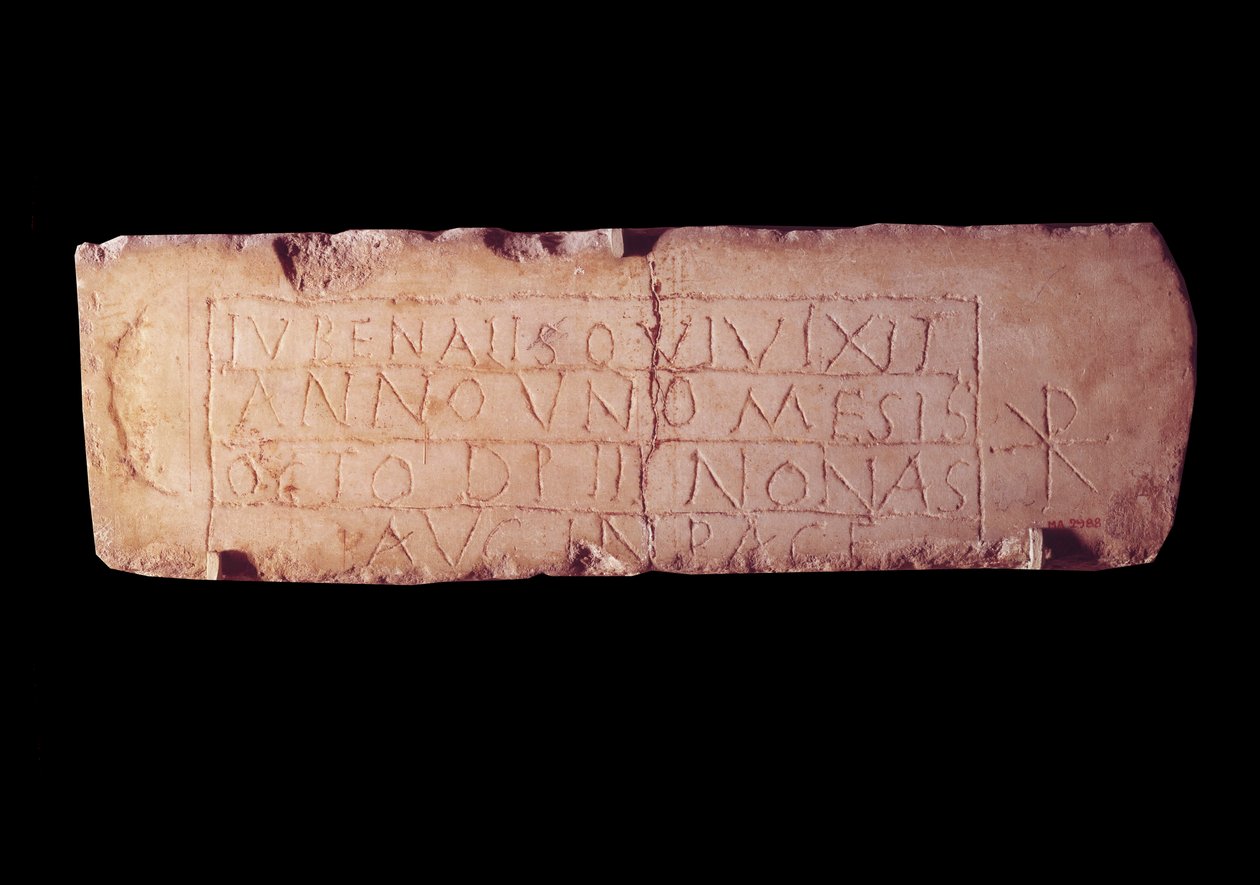 Starożytność rzymska: tablica loculus Jubenalis, epitafium zmarłego dziecka. Z rzymskich katakumb. Paryż, Luwr autorstwa Roman Roman