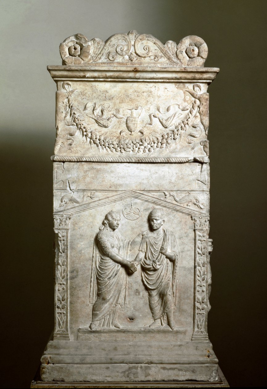 Sztuka rzymska: ołtarz grobowy zdobiący scenę ślubu (Junctio dextrarum) - Płaskorzeźba - Rzym, Museo Nazionale Romano - Uścisk dłoni małżeństwa (Junctio dextrarum) - Marmurowa płaskorzeźba, sztuka rzymska, z ołtarza nagrobnego małżeństwa - Rzym, Museo Nazi autorstwa Roman Roman
