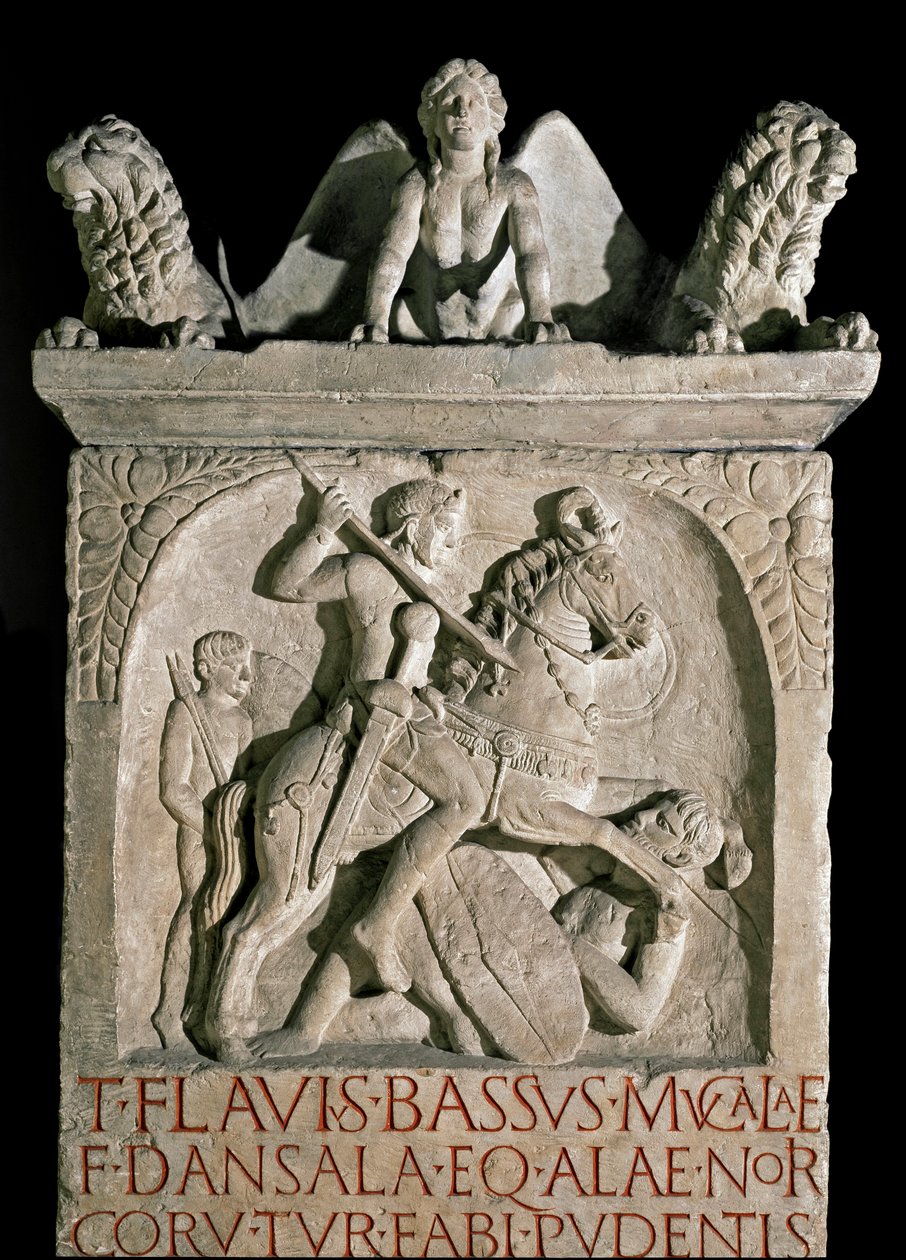 Sztuka rzymska: stela grobowa arystokraty i polityka rzymskiego Flawiusza Bassusa Herkulanusa (znanego ok. 449-452) V w. n.e. Rzym, Museo della Civilta Romana autorstwa Roman Roman