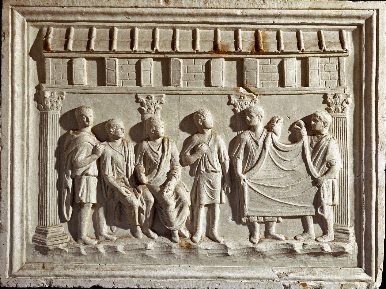Sztuka rzymska: płaskorzeźba przedstawiająca tkaninę i gobeliny. Z oryginału z II wieku n.e. Rzym Museo della Civilta Romana autorstwa Roman Roman