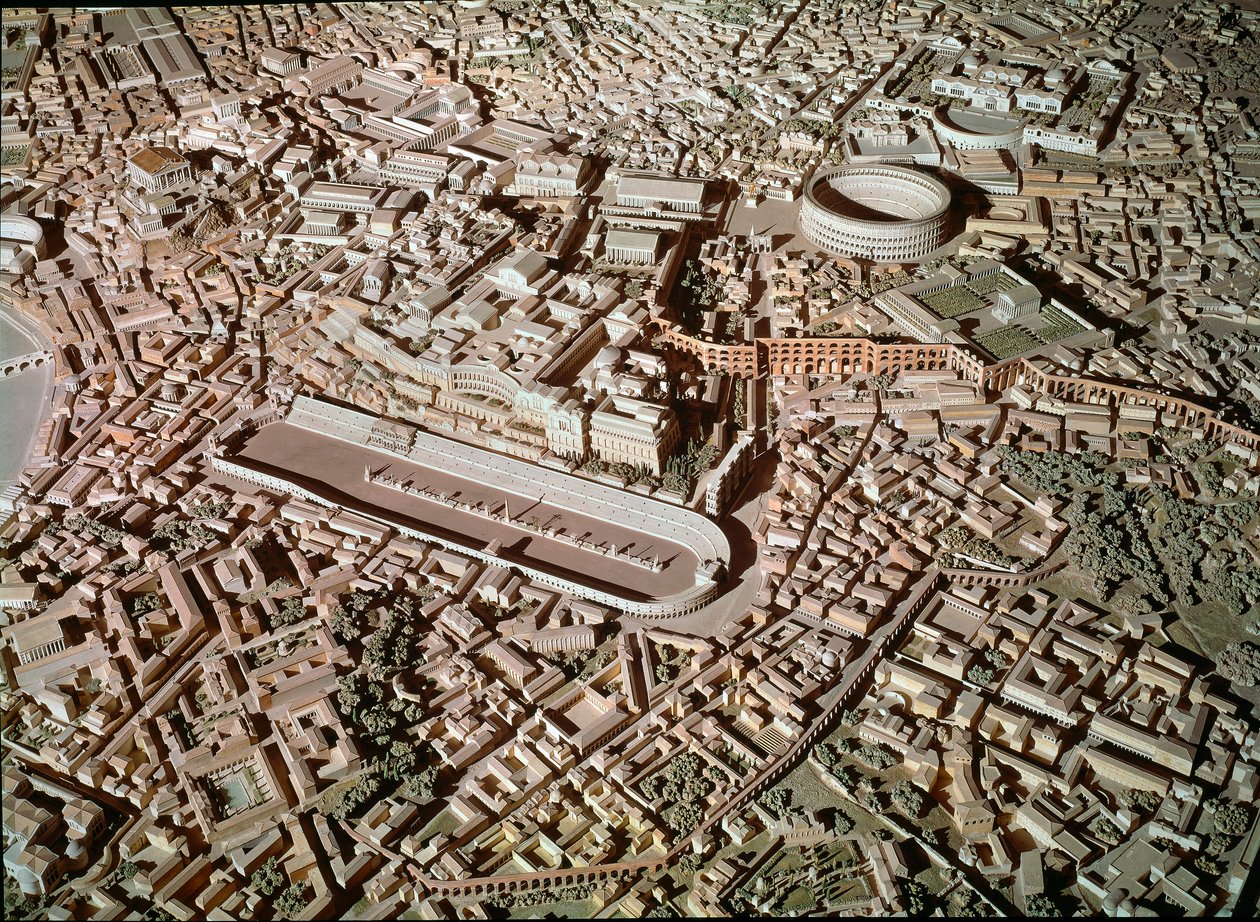 Sztuka rzymska: model przedstawiający miasto Rzym w czasach starożytnych. W centrum Circus Maximus lub Grand Circus rezerwy na wyścigi czołgów. Rzym, Museo della Civilta romana - Sztuka rzymska. Circus Maximus i Mury Etruskie. Detal z modelu rekonstrukcji autorstwa Roman Roman