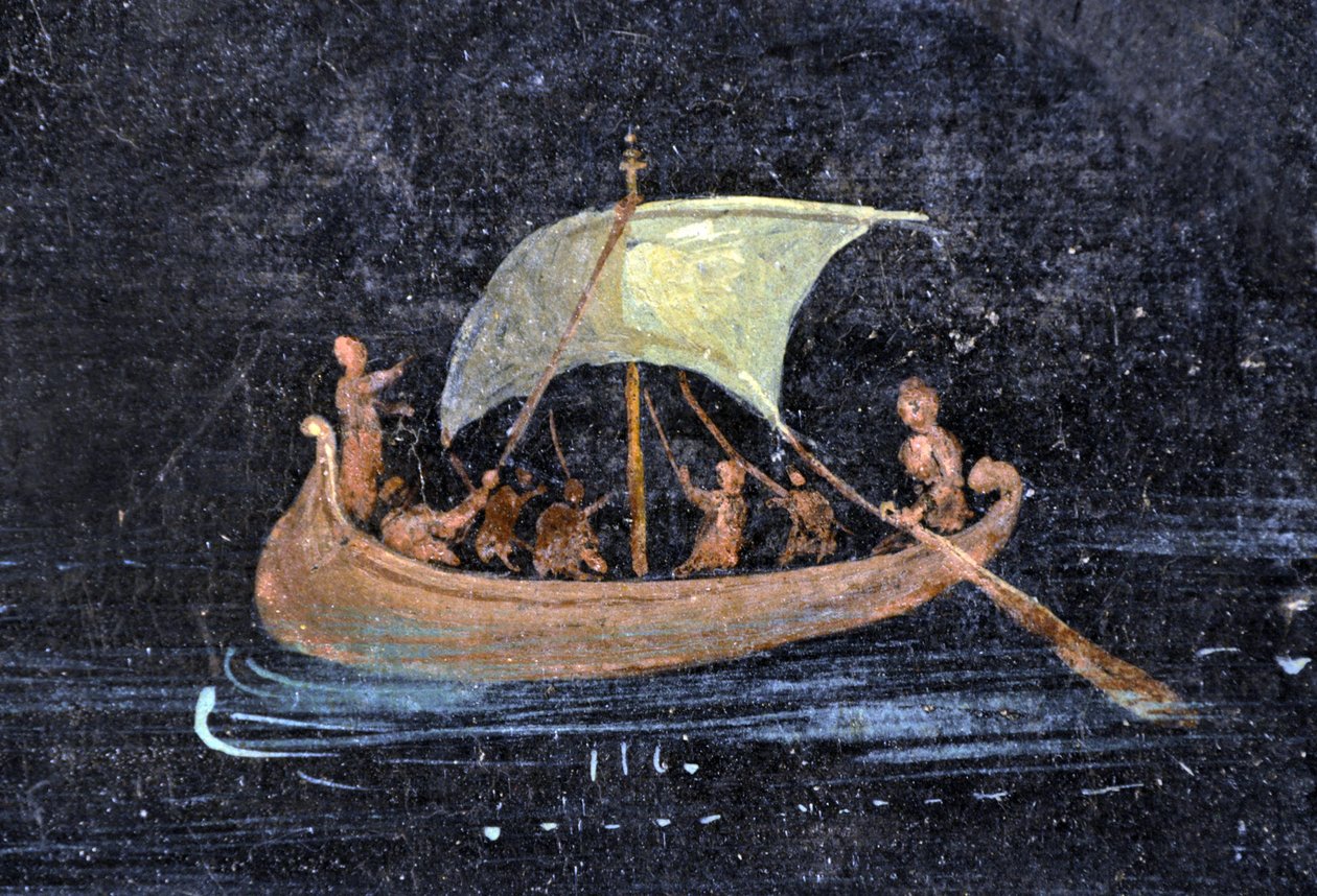Sztuka rzymska: scena rzeczna - łódź i marynarze na rzece (rzece) - fragment fresku z Pompejów zachowany w Muzeum Archeologicznym w Neapolu, Włochy - Museo Archeologico Nazionale, Neapol, Italia - Fot. Patrice Cartier - autorstwa Roman Roman