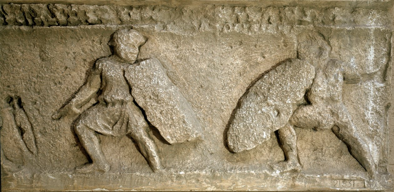 Sztuka rzymska: scena bitwy między Rzymianami i Galami. Reprodukcja fryzu Łuku Pomarańczowego. Rzym, Museo della Civilta Romana autorstwa Roman Roman