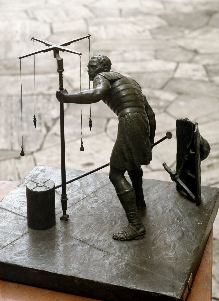 Sztuka rzymska: „”gromatyk”” Geodeta (agrymeni) mierzy ziemię za pomocą gromy (gruma). Rzeźba z brązu. Rzym, Muzeum Cywilizacji Rzymskiej autorstwa Roman Roman