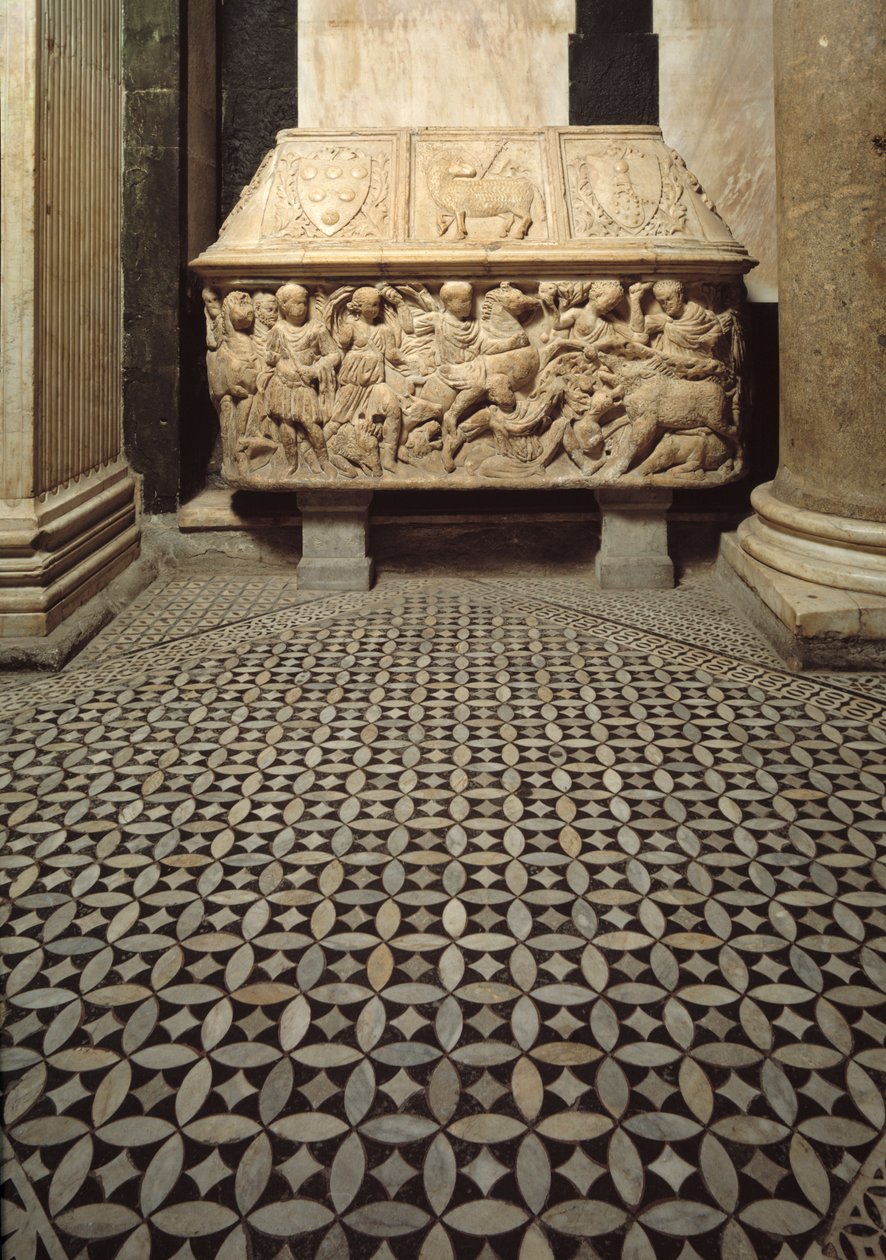 Rzymski sarkofag z płaskorzeźbami przedstawiającymi scenę polowania na dzika, wieko zdobi herb Medyceuszy autorstwa Roman Roman