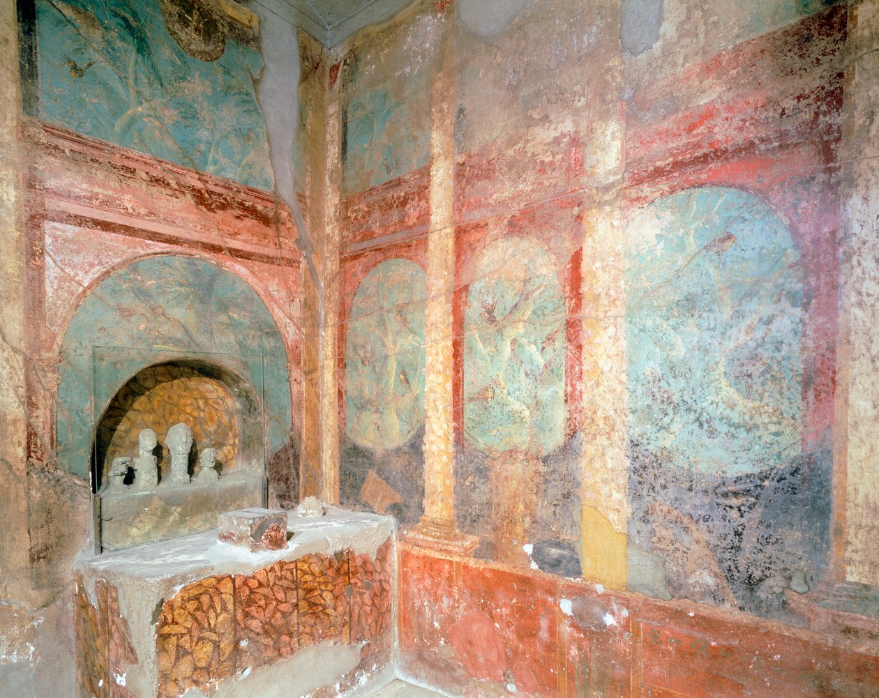 Pokój poświęcony domowemu kultowi Laresa, Domu Menandra, Pompejów, Kampanii, Cywilizacji Rzymskiej autorstwa Roman Roman