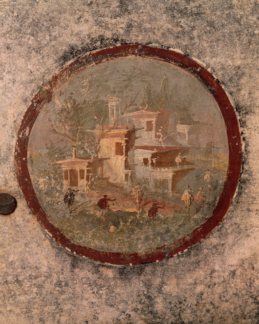 Okrągły z domami i budynkami, fragment fresku z Domu Stulecia, Pompeje, Kampania, cywilizacja rzymska autorstwa Roman Roman