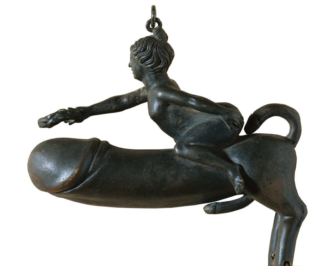 Sasamon Phallus. I w. Zwierzę z klatką piersiową, nogami i ogonem w kształcie żołędzi, zamontowane przez kobietę z wieńcem laurowym. Amulet przeciwko złemu oku. Sztuka rzymska. Wczesne Cesarstwo. Rzeźba na brązie. HISZPANIA. KATALONIA. BARCELONA. Barcelona autorstwa Roman Roman