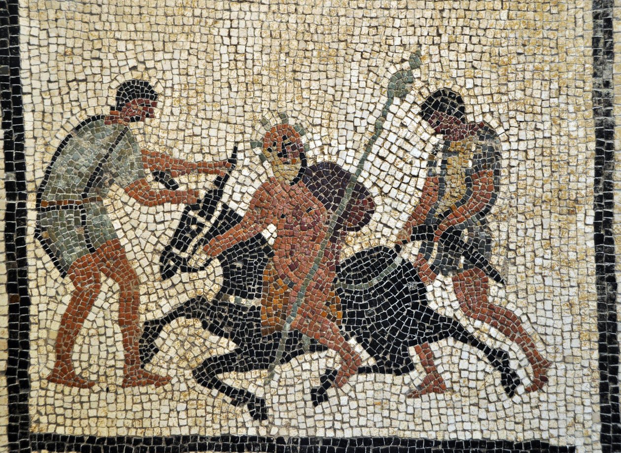 Sileno ebbro: Pijana Silene jedzie na ośle trzymanym przez dwóch służących. Mozaika z Pompejów, dom Paquiusa Proculusa lub C. Cuspiusa Pansy - Muzeum Archeologiczne w Neapolu, Włochy - Museo Archeologico Nazionale, Napoli, Italia - Zdjęcie Patrice Cartier  autorstwa Roman Roman