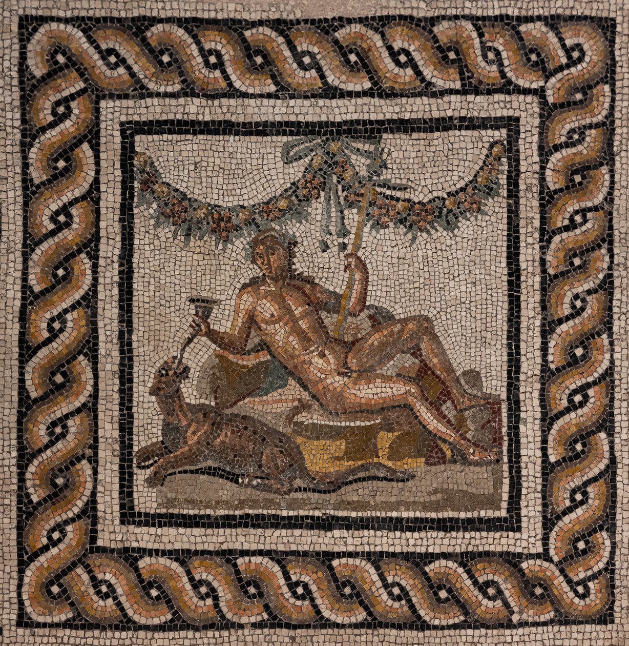 Dom Dionizosa, jeden z rzymskiego domus Ortaglia: szczegół mozaikowej podłogi przedstawiający Dionizosa i panterę (mozaika) autorstwa Roman Roman