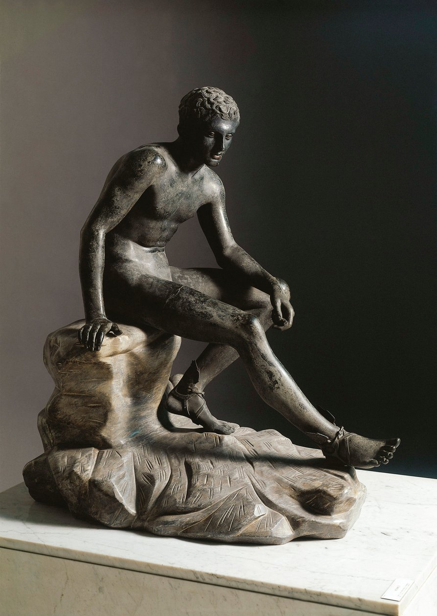 Reszta rzymskiej rzeźby z brązu Hermesa według greckiego oryginału Lysippe. Z Ercolano (Herkulanum) wym. 105 cm Neapol, Museo Archeologico Nazionale autorstwa Roman Roman