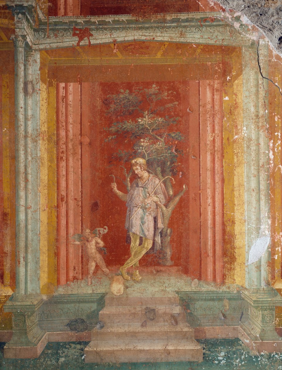 Scena teatralna, fresk (styl IV) na czerwonym tle z Domu Pinarius Cerialis, Pompeje (Lista Światowego Dziedzictwa UNESCO autorstwa Roman Roman