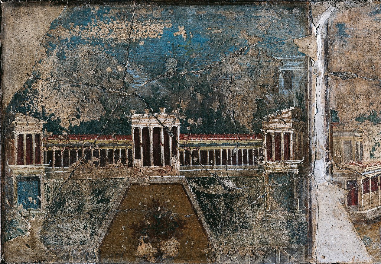 Fresk w trzecim stylu przedstawiający krajobraz architektoniczny, szczegół budynku otoczonego gankiem kolumnadowym, z Pompejów autorstwa Roman Roman