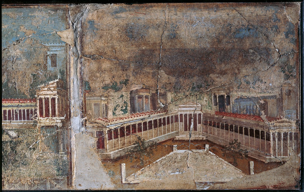 Fresk w trzecim stylu przedstawiający krajobraz architektoniczny, fragment ganku kolumnadowego, z Pompei autorstwa Roman Roman