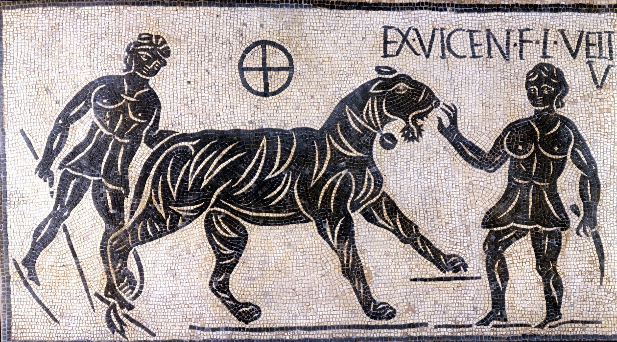 Poskramiacze tygrysów w murach Koloseum - Rzymska Mozaika autorstwa Roman Roman