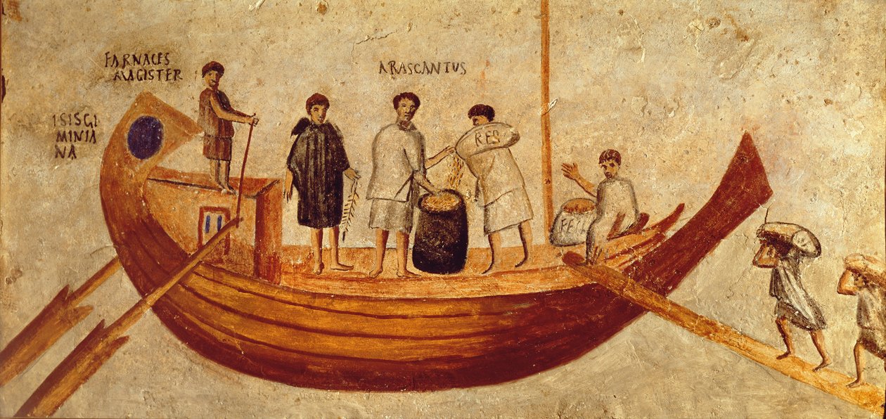 Wyładunek zboża ze statku Isis Giminiana z Ostii, II-III wiek (fresk) autorstwa Roman Roman