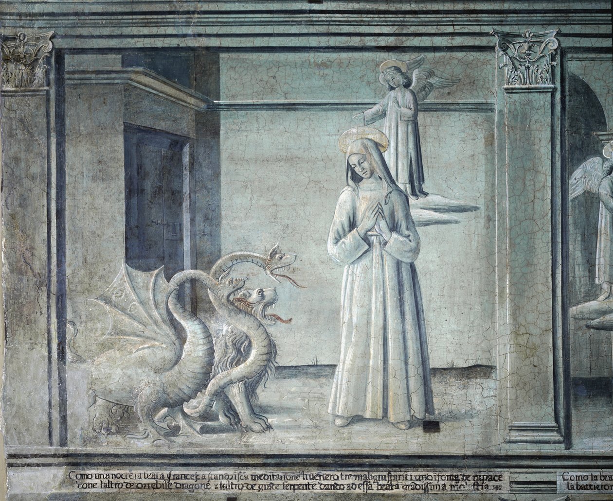 Życie św. Franciszka Romaine, ścigane przez demony pod postacią potworów, ze szkoły rzymskiej autorstwa Roman School
