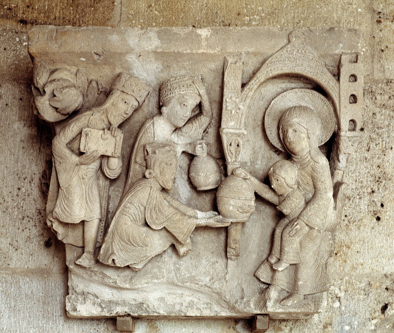 Adoracja Trzech Króli (rzeźbiona stolica) autorstwa Romanesque