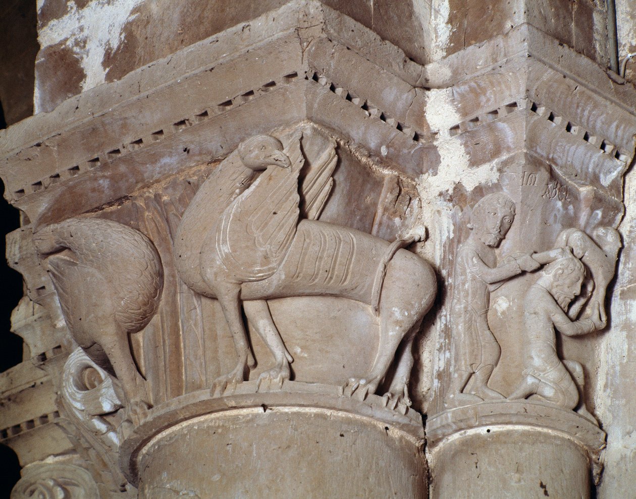 Kain zabija Abla (rzeźbiona stolica transeptu) autorstwa Romanesque