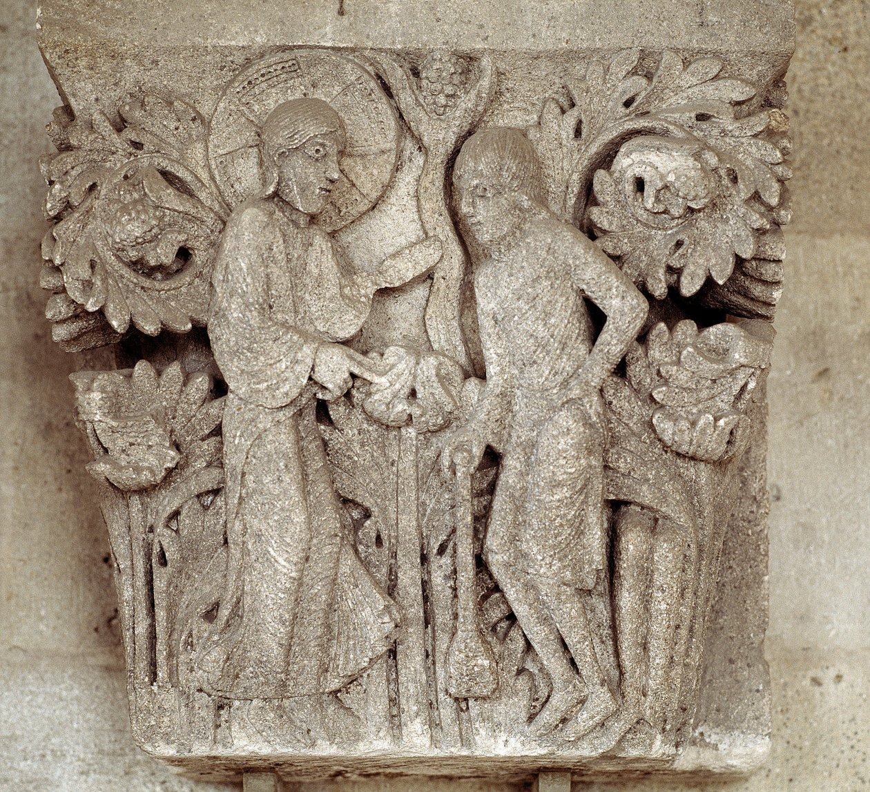Bóg i Kain (rzeźbiony kapitał) autorstwa Romanesque
