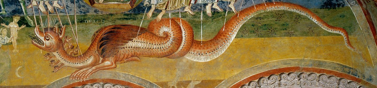 Przedstawienie Apokalipsy. Detal przedstawiający potwora z siedmioma głowami, przebitego strzałami aniołów autorstwa Romanesque