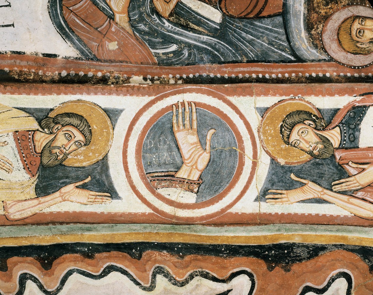 Sztuka romańska: „” Prawa ręka Boga i patriarchów Eliasza i Henocha (lub Henocha). Detal. Fresk szkoły Leon (Hiszpania). 1132. Sanktuarium Dziewicy Dziewicy del Camin autorstwa Romanesque
