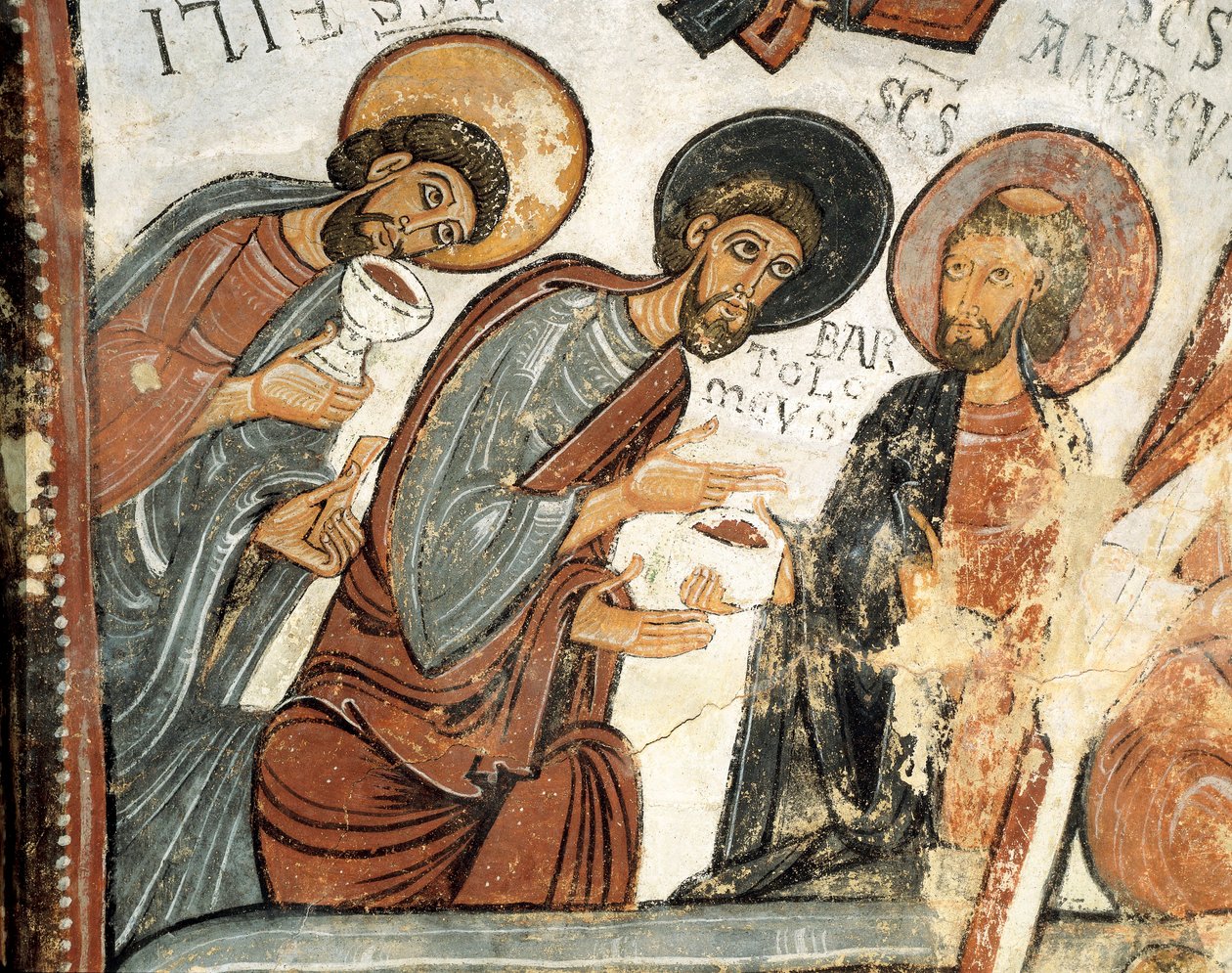 Sztuka romańska: „Apostołowie Filip, Barthelemy i Andre” Fresk głosowania Cene, kościół św. Izydora XII w. Real Colegiata of San Isidoro, Leon autorstwa Romanesque