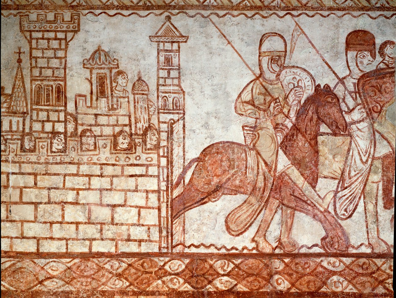Oblężenie Damaszku (fragment fresku kaplicy templariuszy Cressac Saint Genis) autorstwa Romanesque
