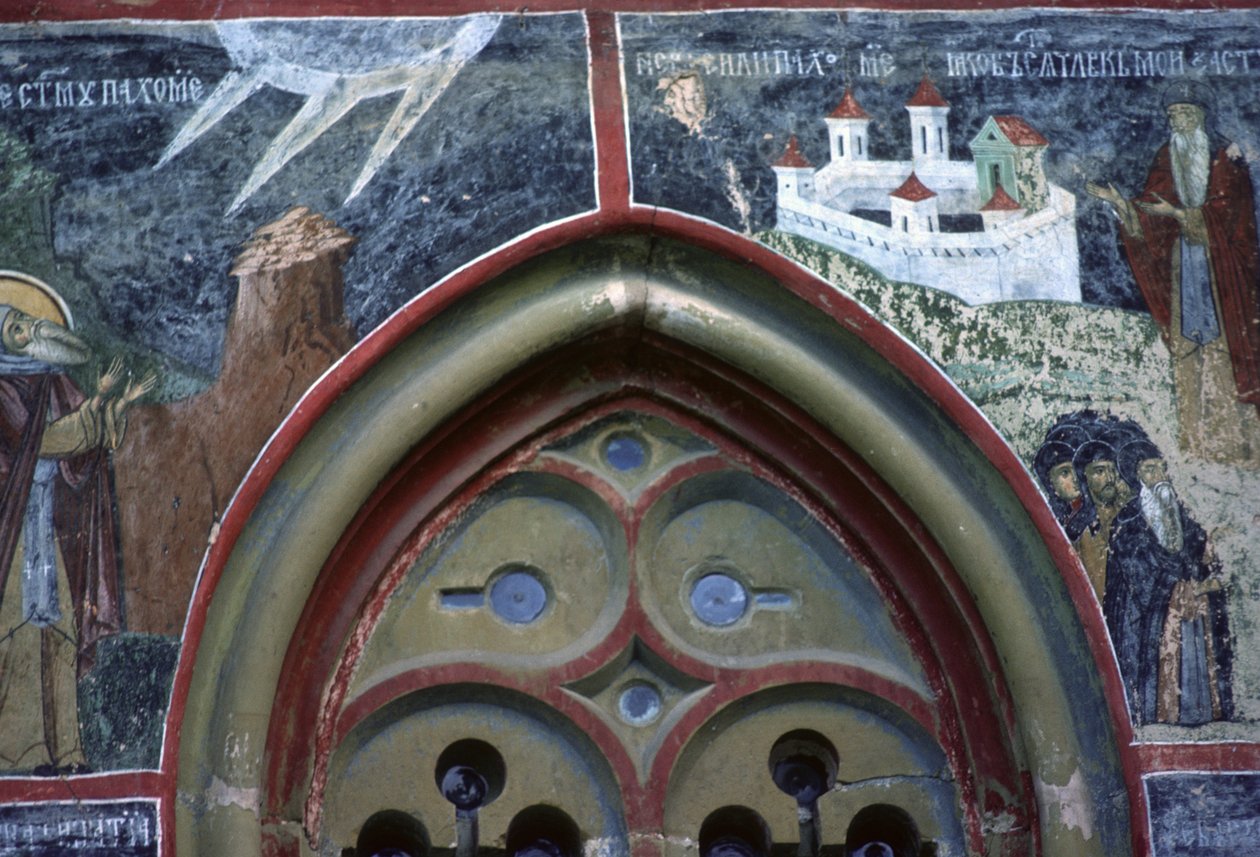 Okno gotyckie i życie św. Pachomiusza, od północnej ściany kościoła, ok. 1601 autorstwa Romanian School