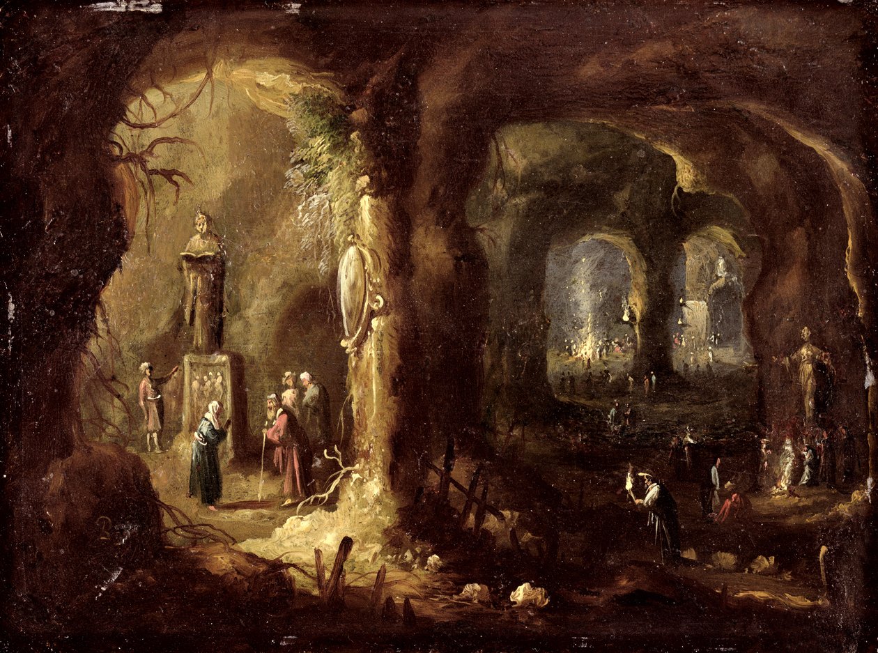 Grota z posągami i licznymi postaciami oddającymi cześć bożkom (św. Symeon Stylites), ok. 1640 (olej na miedzi) autorstwa Rombout van Troyen