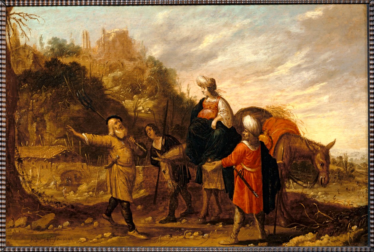 Guehazi wracający z domu Sunamitów i udający się na spotkanie z Elisee. 1644 ... autorstwa Rombout van Troyen
