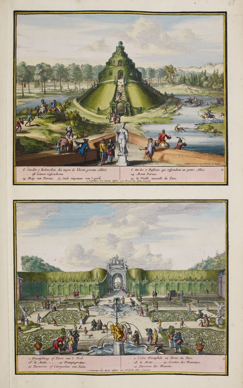 Park w Enghien, ok. 1685, ilustracja z „Zbioru 86 planów i widoków Hagi” autorstwa Romeyn de (after) Hooghe