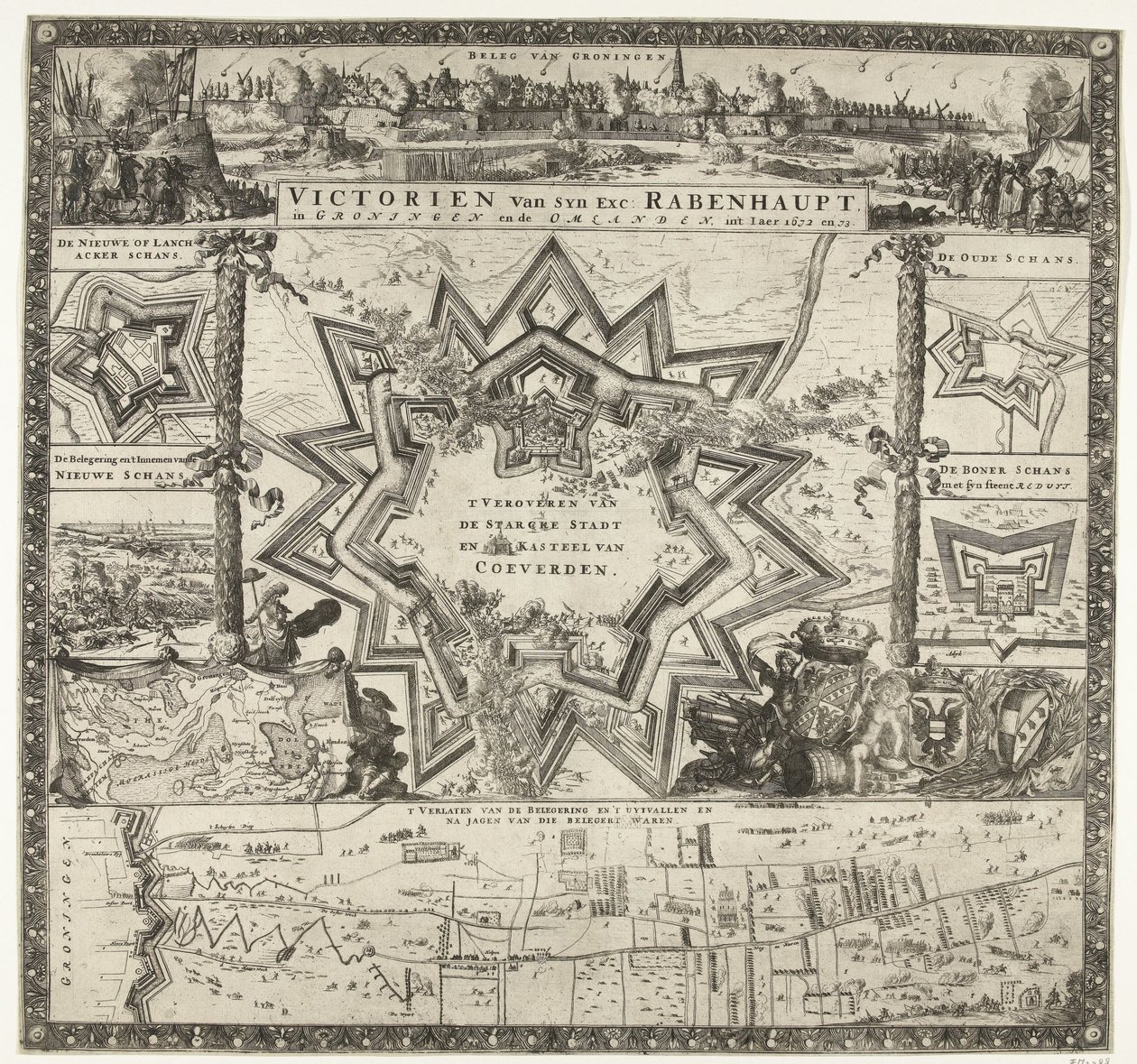 Zwycięstwa Rabenhaupta w Groningen w latach 1672-1673 Victorien van syn dosk. Rabenhaupt, w Groningen i Omlanden, między innymi 1672 i 73 (tytuł na obiekcie) autorstwa Romeyn de Hooghe (attributed to)