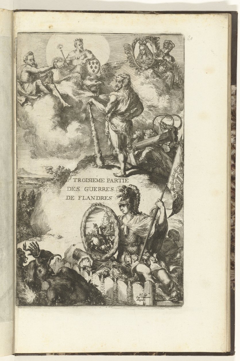 Druk tytułowy do trzeciej części Guerres de Flandres Troisieme partie des Guerres de Flandres (tytuł przedmiotu) Guerres de Flandres (tytuł serii) autorstwa Romeyn de Hooghe (attributed to)