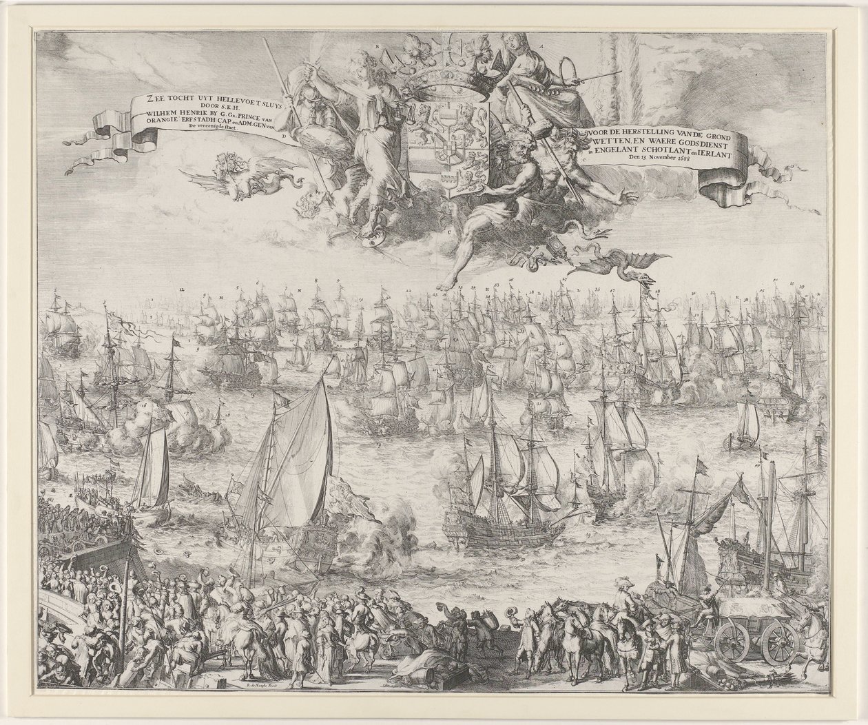 Podróż Wilhelma III do Anglii, 1688 Sea Tour z Hellevoet Sluys przez S.K.H. Wilhem Henrik G. Ga. Książę Orangeie Erfstadh. czapka. i adm. Gen. van Stany Zjednoczone / O przywrócenie Konstytucji i Prawdziwa Religia w Engelant Sch autorstwa Romeyn de Hooghe (attributed to workshop of)
