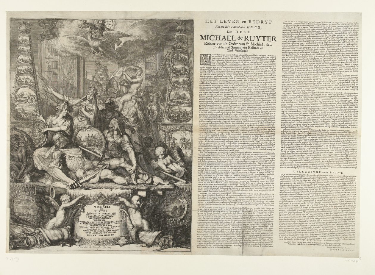 Alegoria śmierci Michiela de Ruytera, 1676 Życie i biznes Eda: Manhaften Heer, Den Heer Michael de Ruyter Rycerz Zakonu Św. por. Generał admirał van Hollandt i West-Vrieslandt (tytuł na obiekcie) autorstwa Romeyn de Hooghe