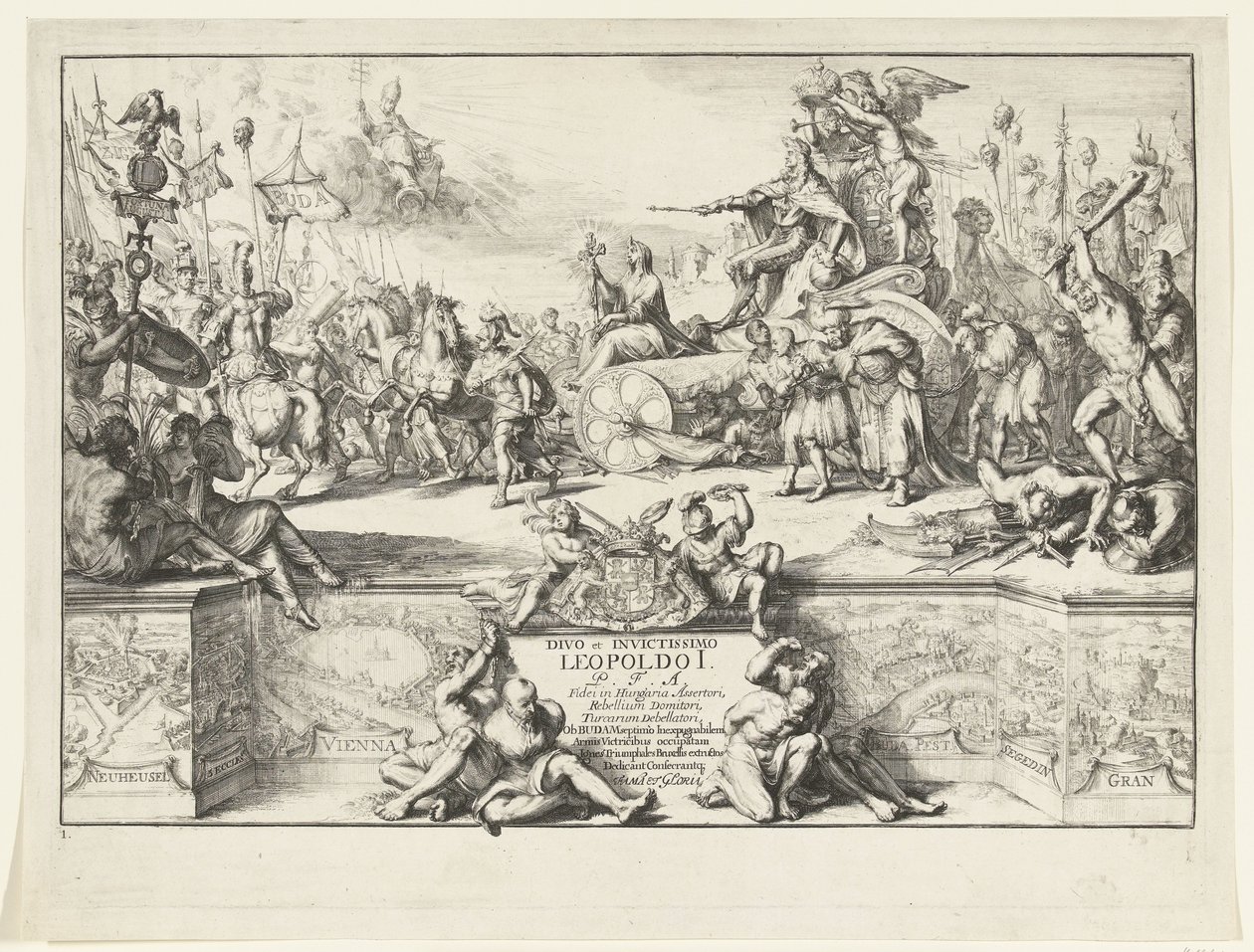 Alegoria zwycięstw Leopolda I Divo et invictissimo Leopoldo I (tytuł na obiekcie) Wjazd Leopolda I do Brukseli po pokonaniu Turków, 1686 (tytuł serii) autorstwa Romeyn de Hooghe