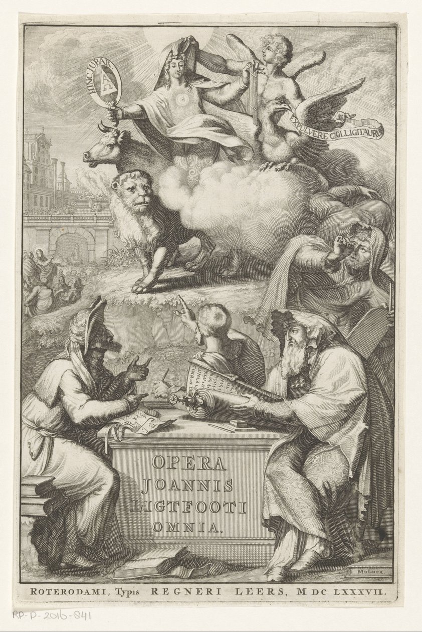 Alegoryczna postać z żydowskim mężczyzną Strona tytułowa dla: John Lightfoot, Opera Joannis Ligtfooti omnia, 1686 autorstwa Romeyn de Hooghe