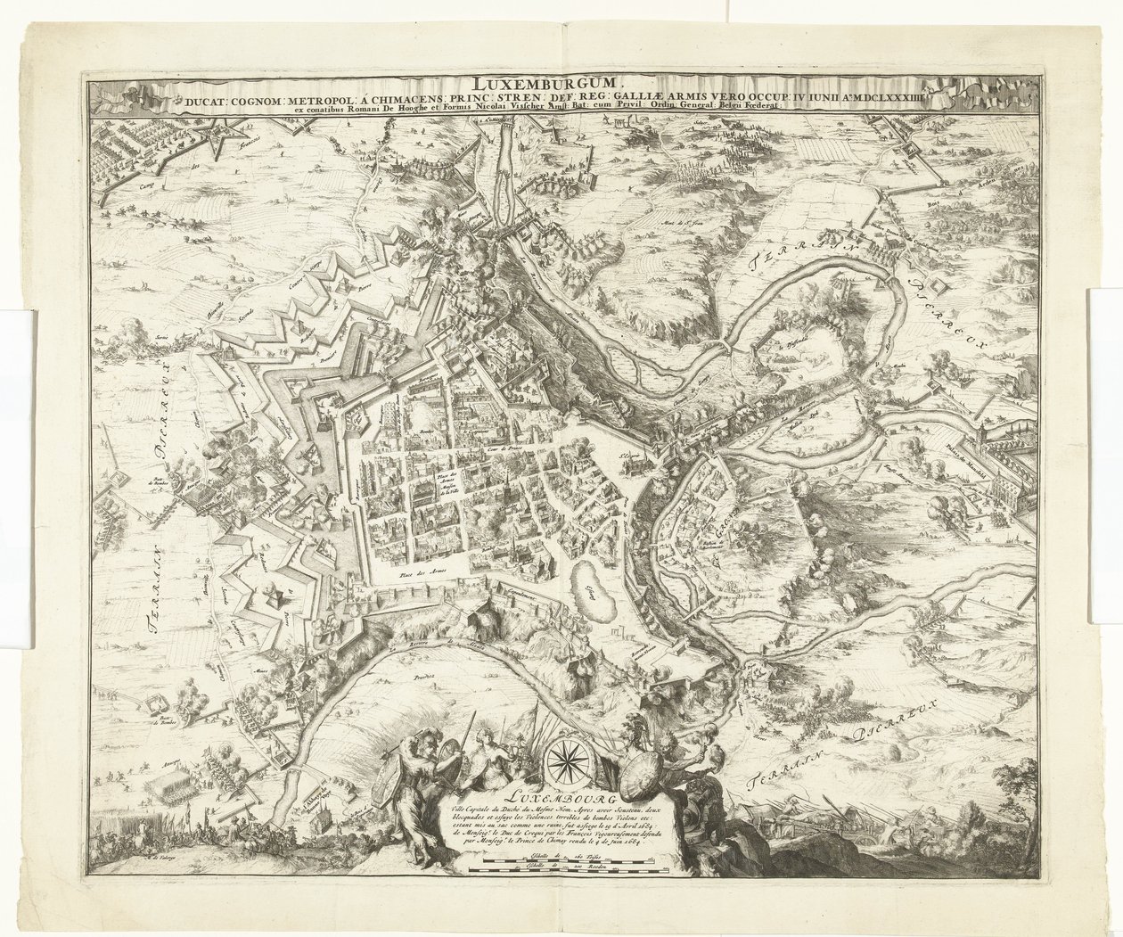 Bombardowanie furgonetki Luxemburg door de maarschalk de Créquy, 1684 Luksemburg, ołów. nazwisko metropolia książę chimacens napięcie pok. reg. Ale zajęły go ramiona Galii. 4 czerwca Ao. 8834 (tytuł na obiekcie) autorstwa Romeyn de Hooghe
